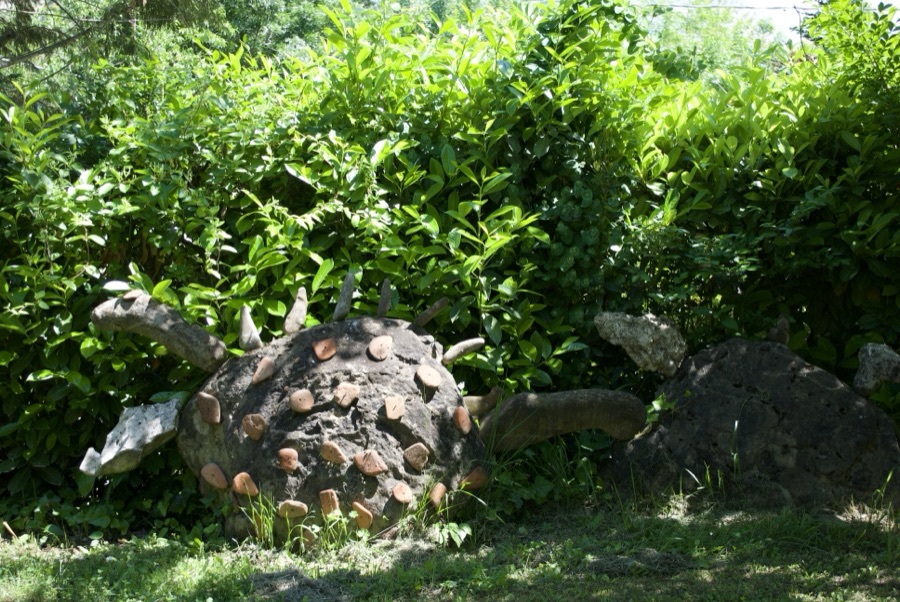 Creatura di sasso con macchie di coccio arancione, ripresa in controluce tra la vegetazione