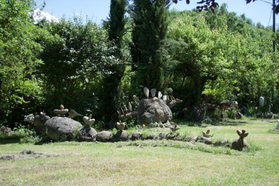 Fila di piccole creature di sasso con becchi di coccio arancione, allineate su un masso al sole