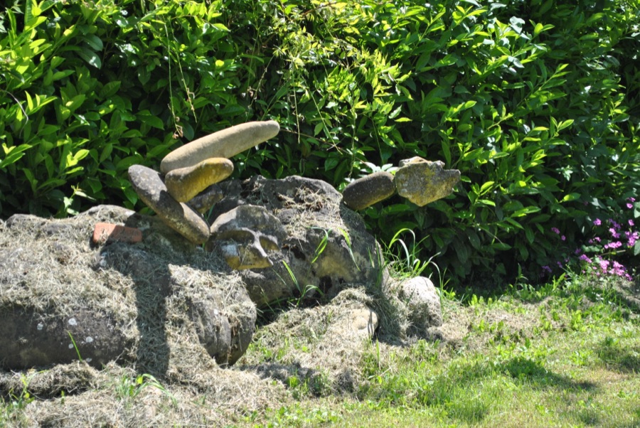 Fila di ciottoli di dimensioni decrescenti disposti in cerchio sull'erba del giardino