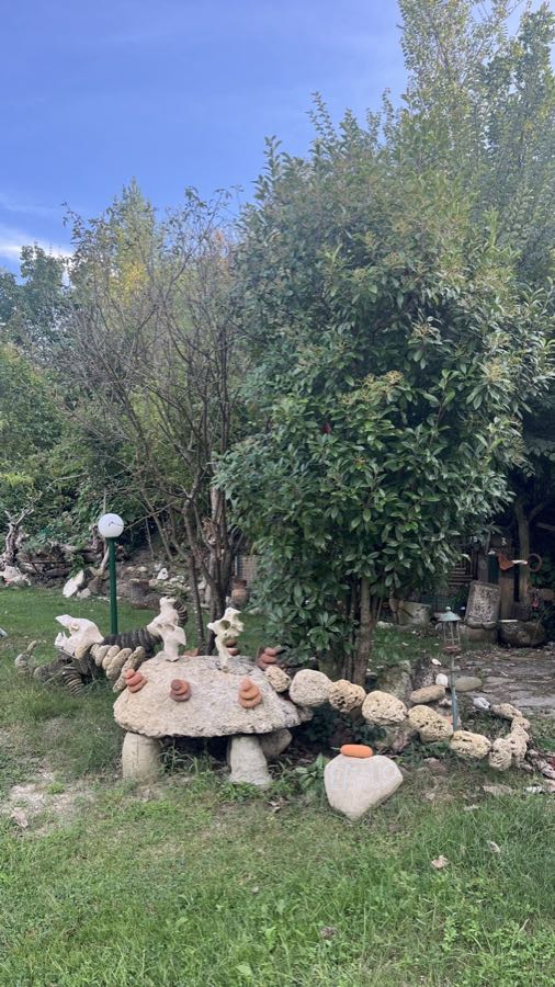 Tavolino di pietra a forma di fungo nel giardino, con un sasso su cui è scritto EMILIO