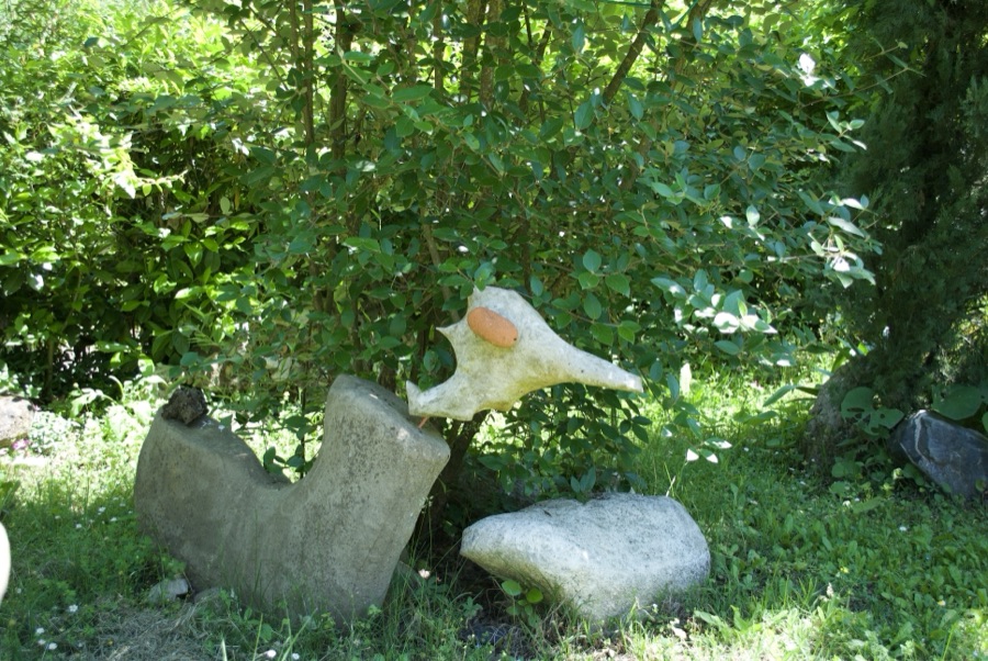 Testa di sasso a forma di uccellino con una macchia di coccio arancione, davanti a una siepe verde